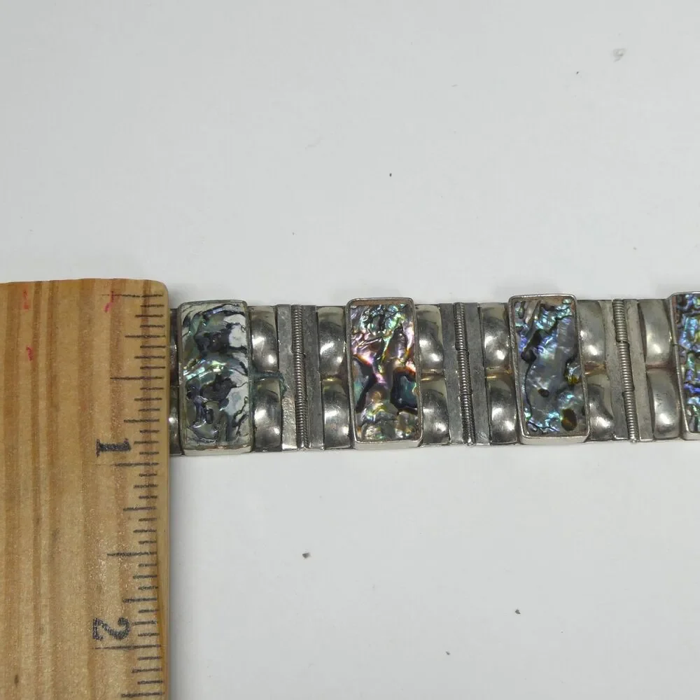 Mother of Pearl Panel Link Bracelet Abalone Sterling Silver Taxco Mexico Vintage